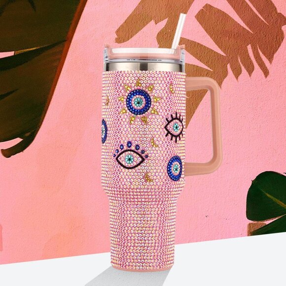 NEW Evil Eye Pink or Blue 40oz Stainless Steel Rhinestone Tumbler Straw Lid SET - Picture 2 of 7
